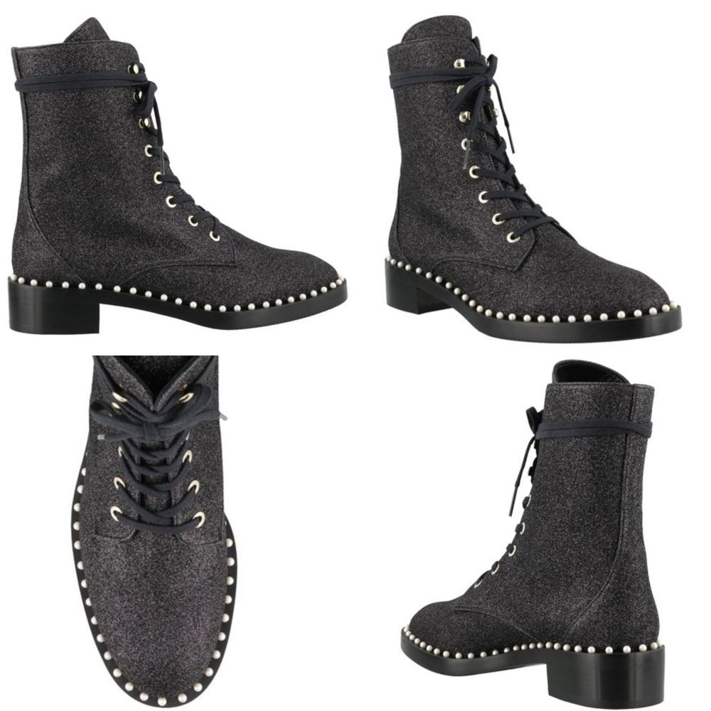 Stuart Weitzman|Sondra Bead Embellished Black Glitter Combat Boots, 6
